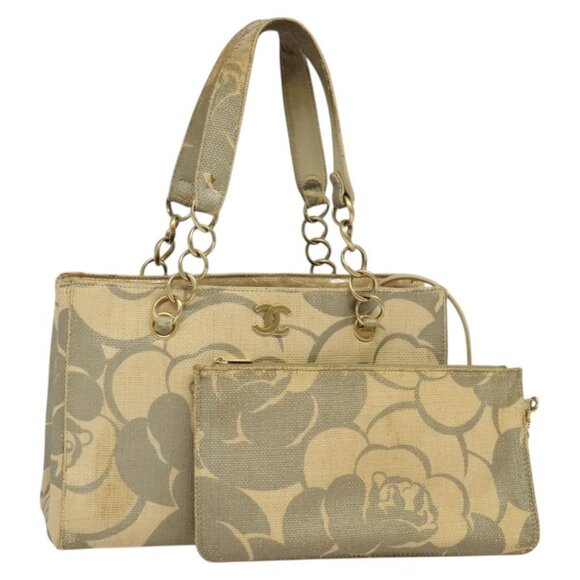 CHANEL Camelia Chain Tote Bag Straw Beige CC Auth 122907 - Picture 1 of 16